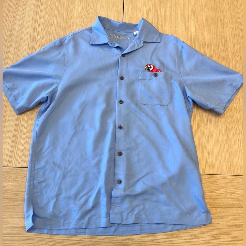 Caribbean Button Down Shirt Men's Large Blue Embroidered Parrot Tropical Design